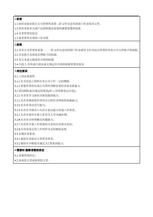 实验室主管职责说明书