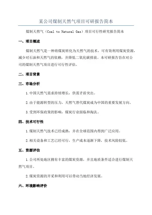 某公司煤制天然气项目可研报告简本