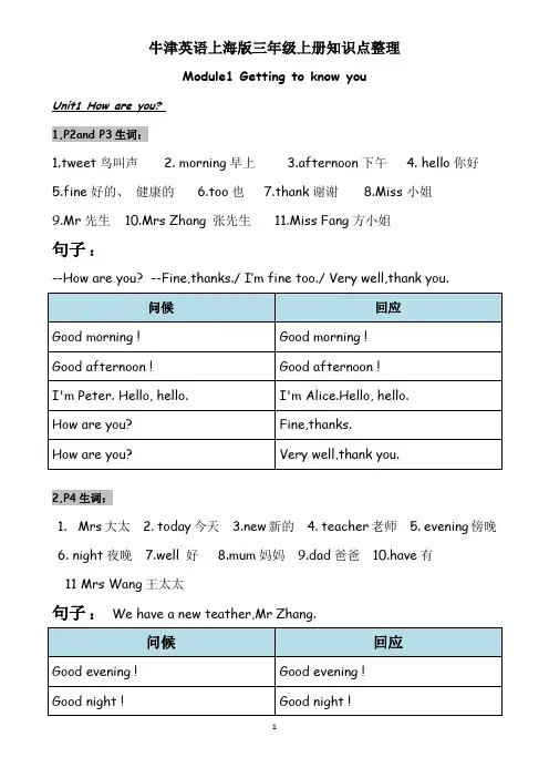 牛津英语上海三年级上知识点整理(详细)