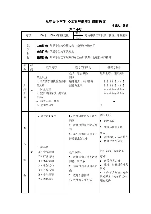九年级下学期《体育与健康》第2课教案   800米—1000米的变速跑