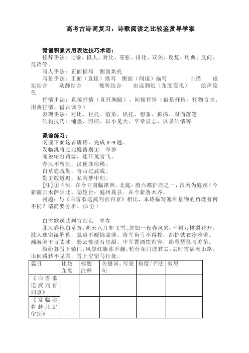 高考古诗词复习：诗歌阅读之比较鉴赏 导学案