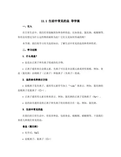 11.1 生活中常见的盐 导学案 人教版九年级化学下册 