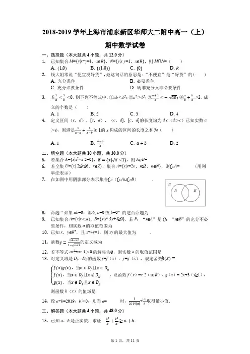 2018-2019学年上海市浦东新区华师大二附中高一(上)期中数学试卷(解析版)