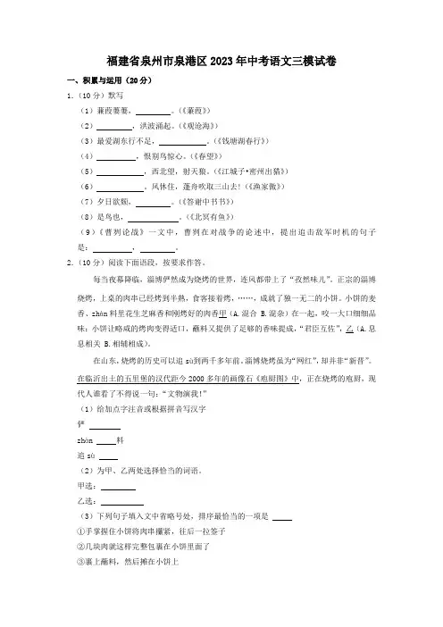 2023年福建省泉州市泉港区中考语文三模试卷(含答案)