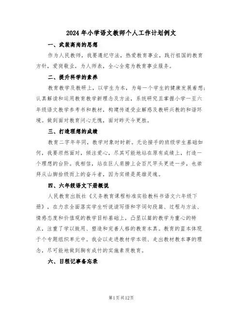 2024年小学语文教师个人工作计划例文(五篇)