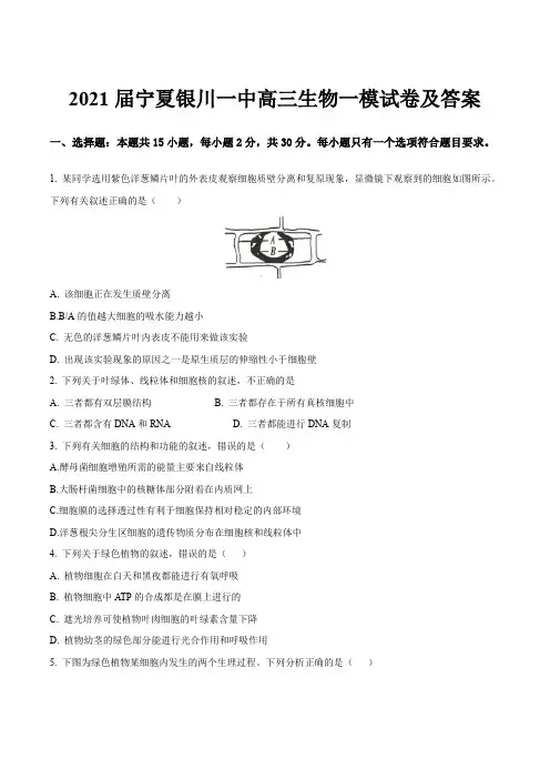 2021届宁夏银川一中高三生物一模试卷及答案