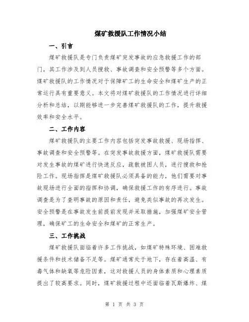 煤矿救援队工作情况小结