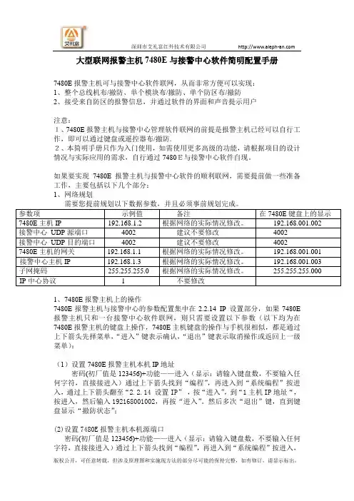 大型联网报警主机7480E与接警中心软件简明配置手册