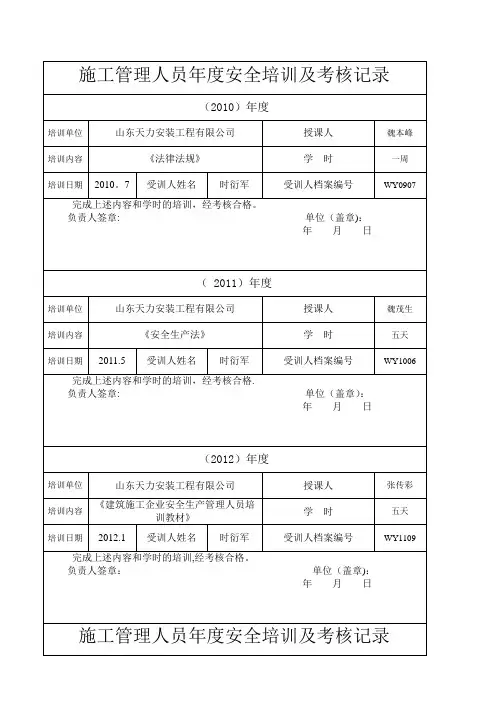施工管理人员年度安全生产教育培训及考核记录