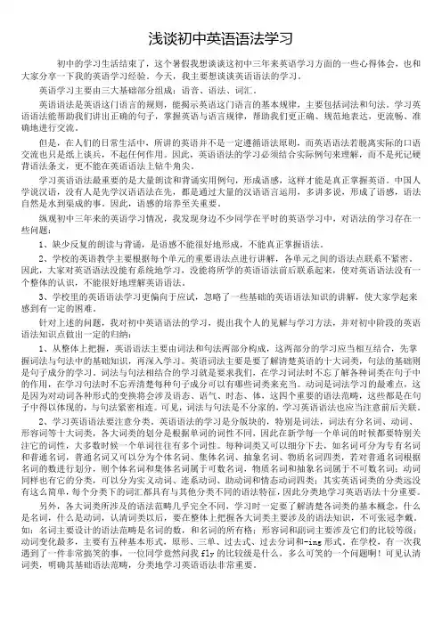 中学生浅谈初中英语语法学习