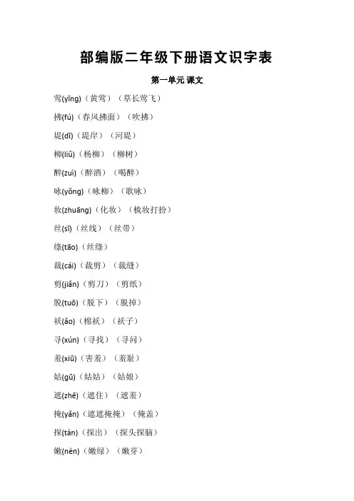 部编版二年级语文下册《识字表》生字注音组词(附注音练习)