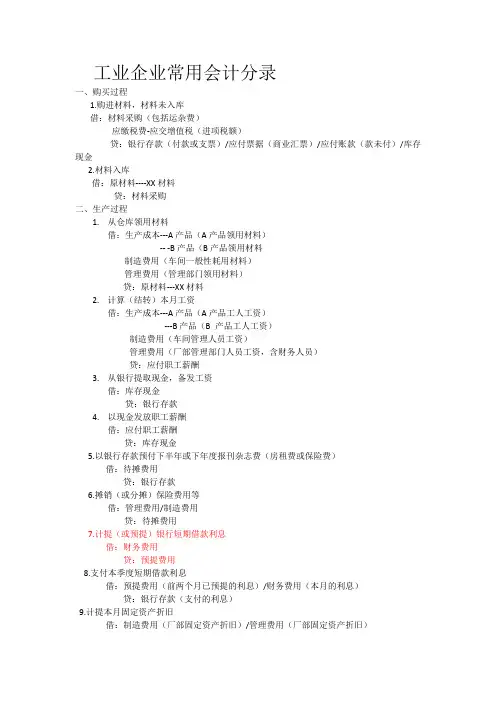 工业企业常用会计分录