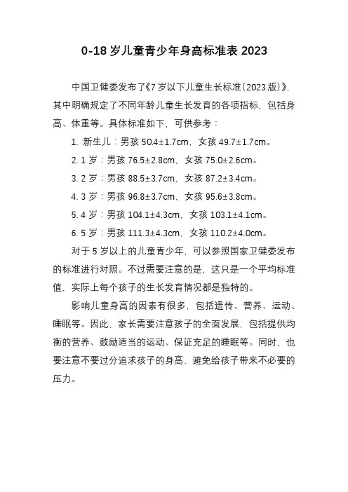 0-18岁儿童青少年身高标准表2023
