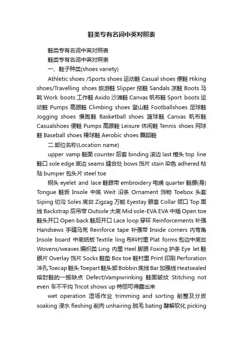 鞋类专有名词中英对照表