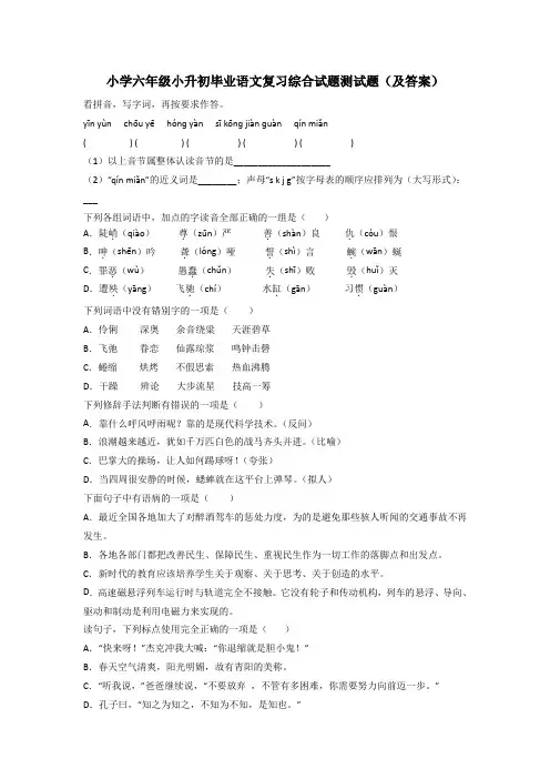 小学六年级小升初毕业语文复习综合试题测试题(及答案)