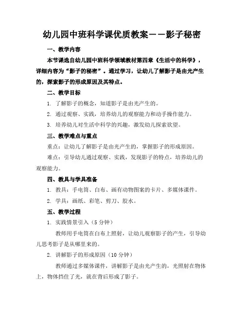 幼儿园中班科学课优质教案――影子秘密