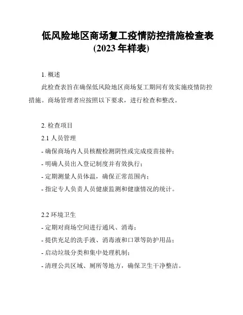 低风险地区商场复工疫情防控措施检查表(2023年样表)