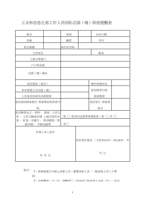 工业和信息化部工作人员因私出国(境)保密提醒表