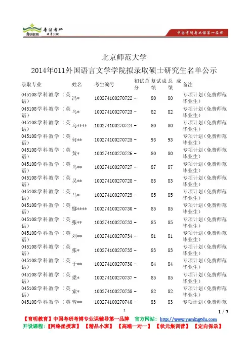 北京师范大学 2014年011外国语言文学学院 拟录取硕士 研究生名单公示