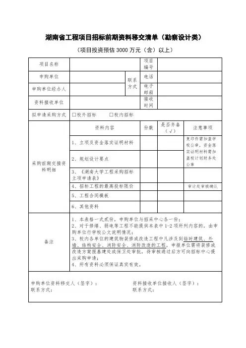 湖南省工程项目采购前期资料交接登记表(勘察设计类)