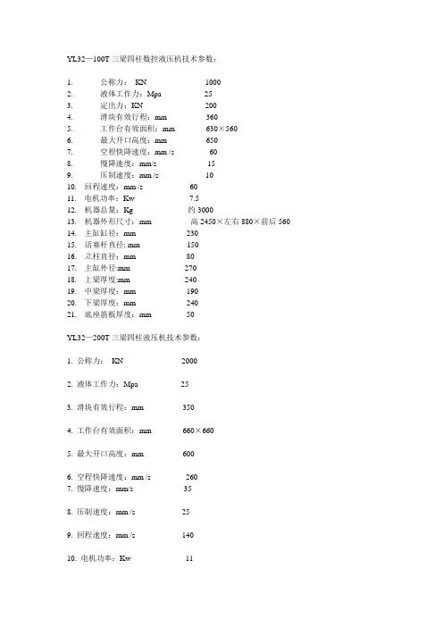 油压机设计参数