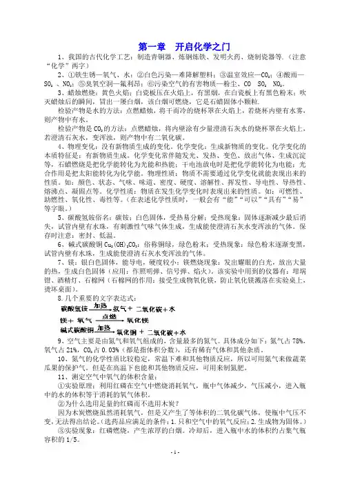 沪教版化学九年级上册第1章开启化学之门知识点汇总