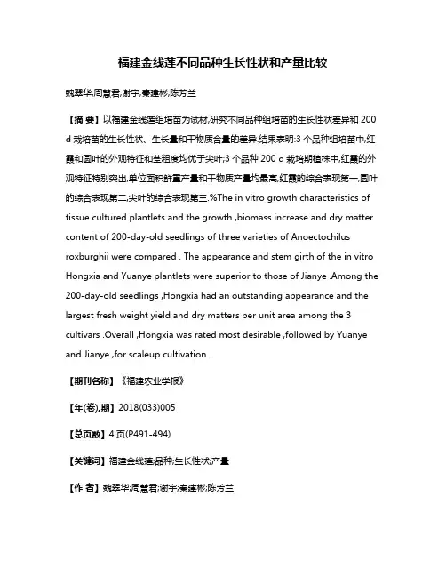 福建金线莲不同品种生长性状和产量比较