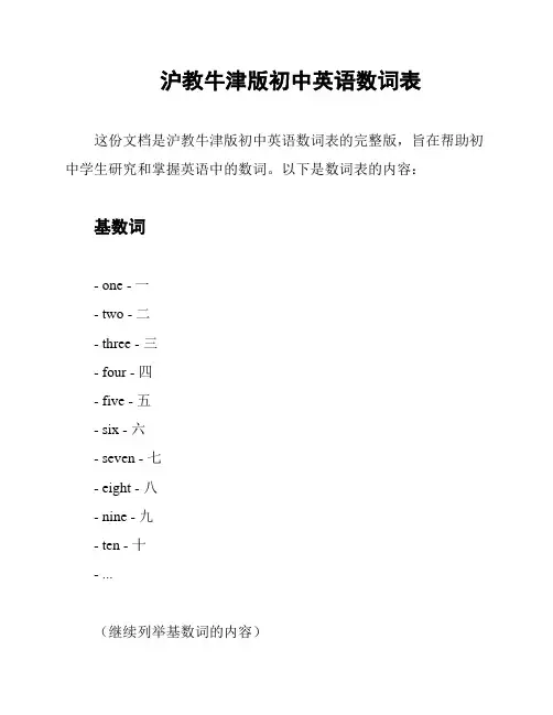 沪教牛津版初中英语数词表