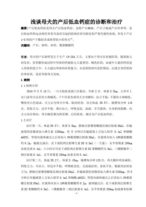 浅谈母犬的产后低血钙症的治疗及诊断