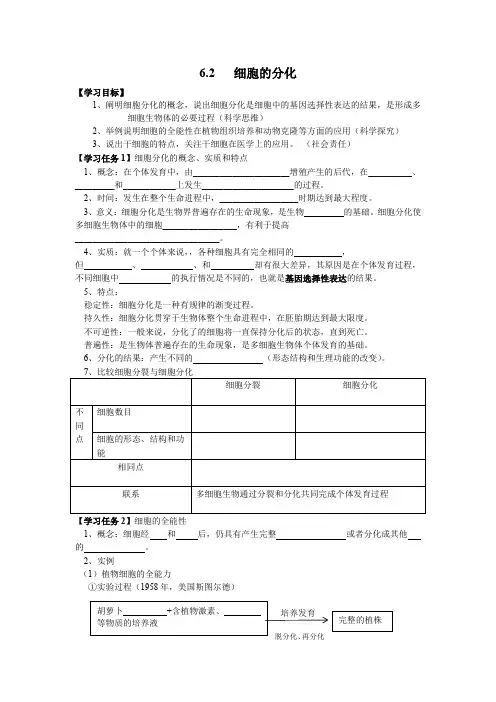 细胞的分化导学案高一上学期生物人教版必修1