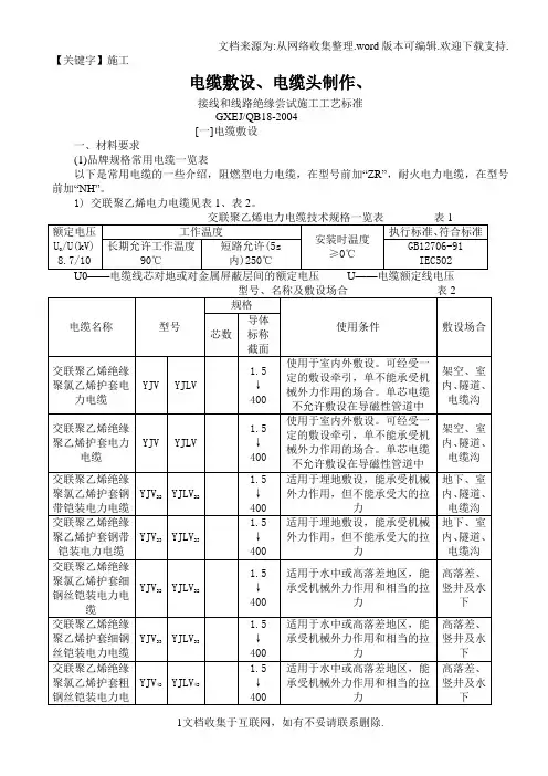 【施工】电缆敷设电缆头制作接线和线路绝缘测试施工工艺
