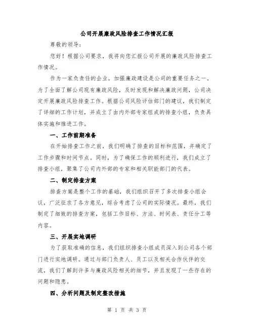 公司开展廉政风险排查工作情况汇报
