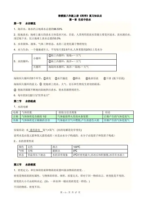 浙教版八年级上科学知识点