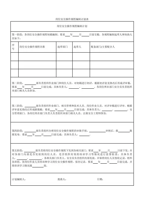 岗位安全操作规程编制计划表