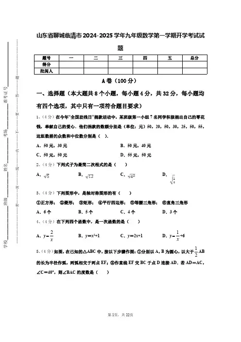 山东省聊城临清市2024-2025学年九年级数学第一学期开学考试试题【含答案】