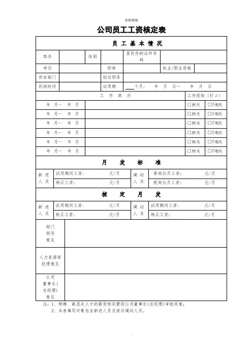 公司员工工资核定表(2022版)