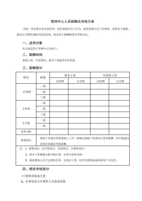营销中心薪酬及考核办法