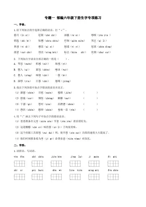 2020年部编版六年级下册语文生字专项练习