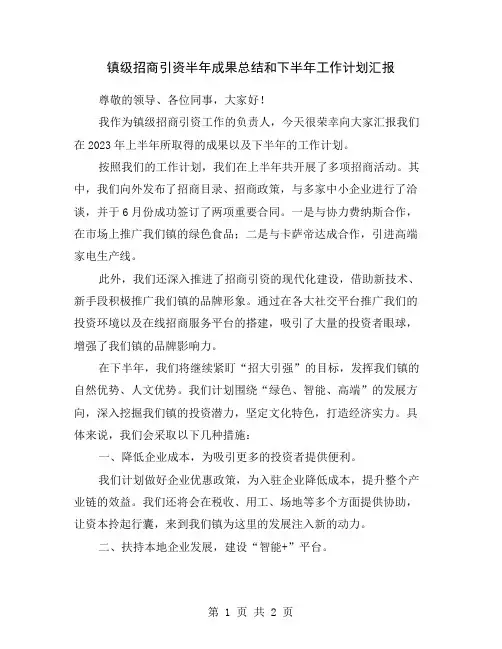 镇级招商引资半年成果总结和下半年工作计划汇报