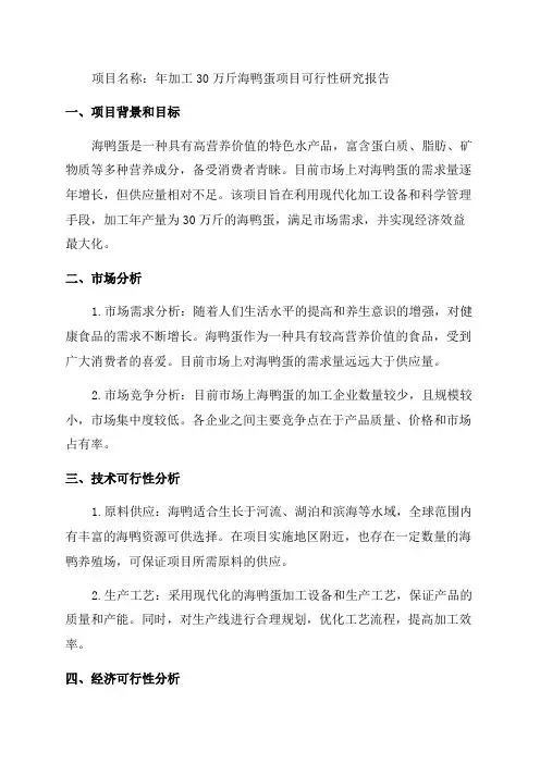 年加工30万斤海鸭蛋项目可行性研究报告完整立项报告