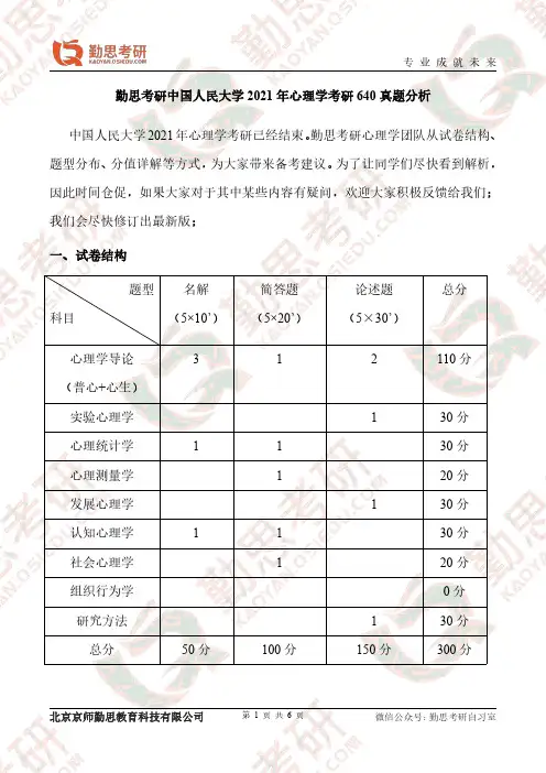 勤思考研2021年中国人民大学心理学考研640真题分析