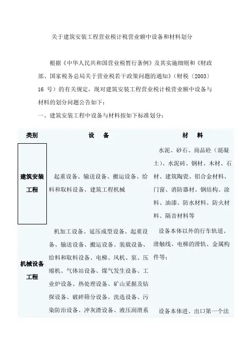 关于建筑安装工程营业税计税营业额中设备和材料划分
