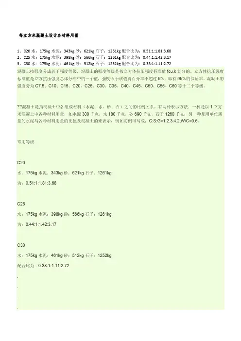 每立方米混凝土各材料用量
