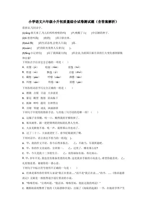 小学语文六年级小升初质量综合试卷测试题(含答案解析)