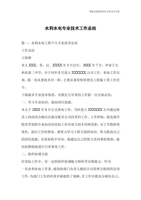 水利水电专业技术工作总结