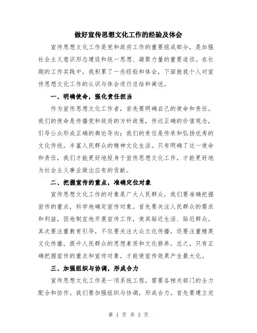 做好宣传思想文化工作的经验及体会