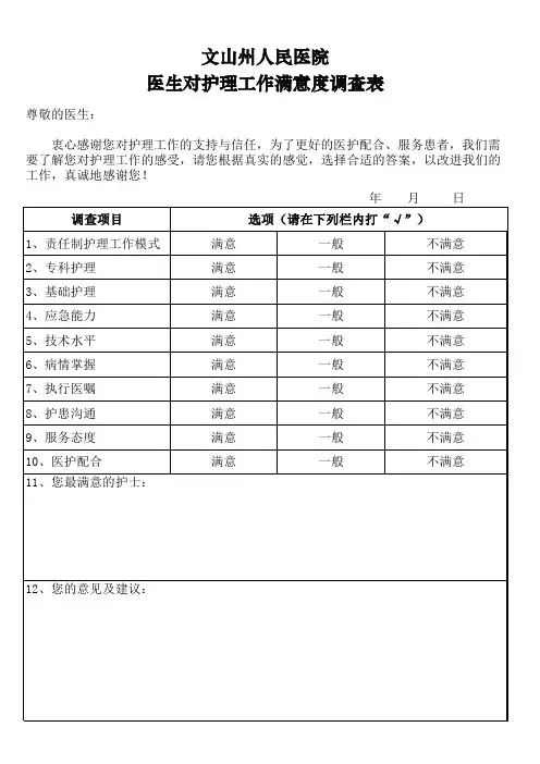 医生对护士工作满意度调查表