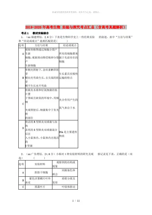 2019-2020年高考生物 实验与探究考点汇总(含高考真题解析)