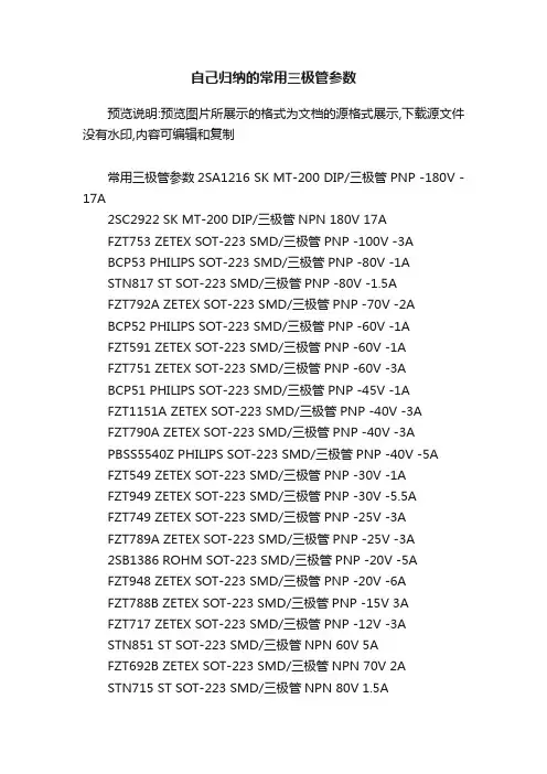 自己归纳的常用三极管参数