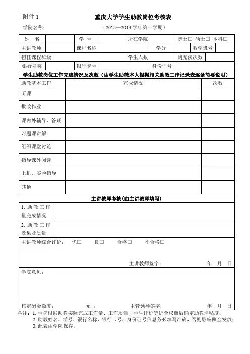 重庆大学学生助教岗位考核表